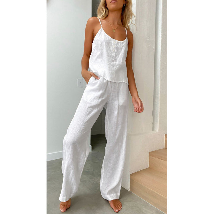Casual linen set for women with strapless blouse and wide leg pants Lune London