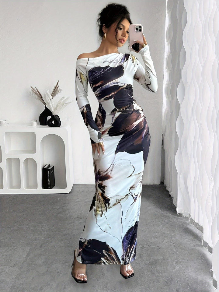 Ladies Elegant Maxi Dress with asymmetrical neckline and floral design Lune London