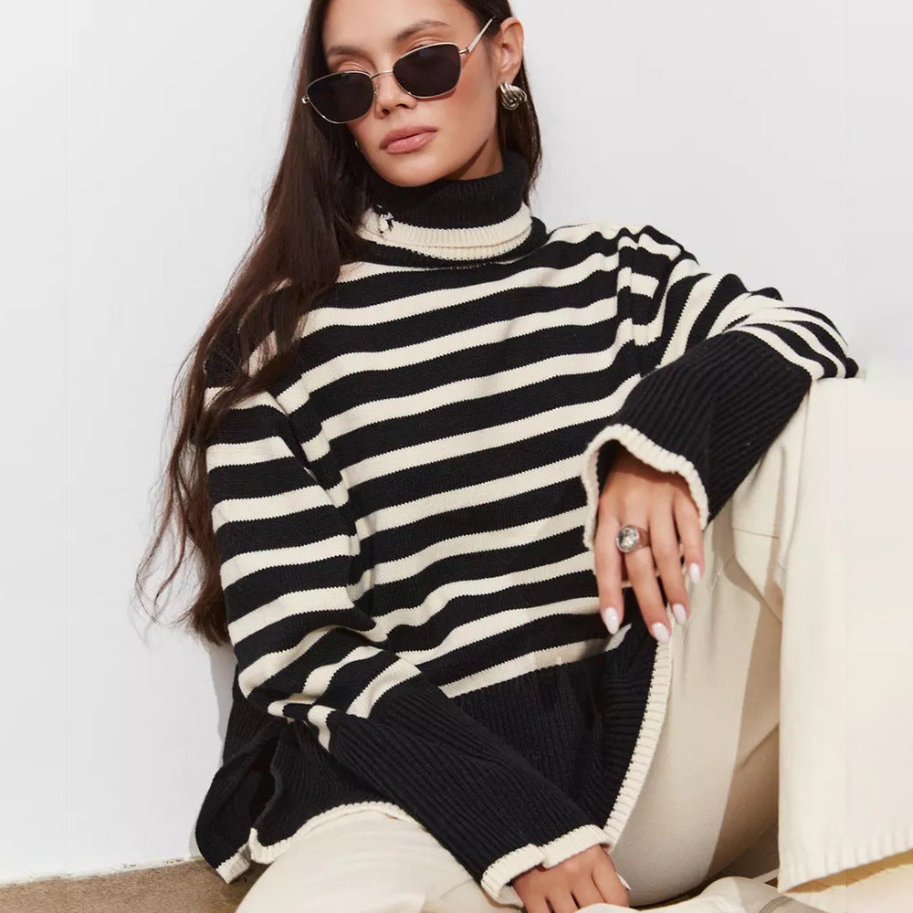Pull en maille épaisse pour femmes avec col montant et rayures bretonnes Chic & Stil