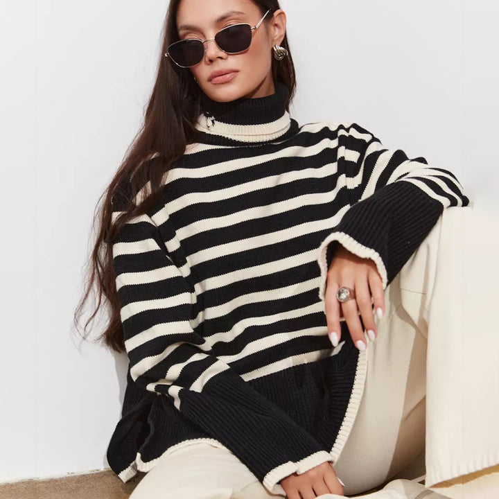 Pull en maille épaisse pour femmes avec col montant et rayures bretonnes Chic & Stil