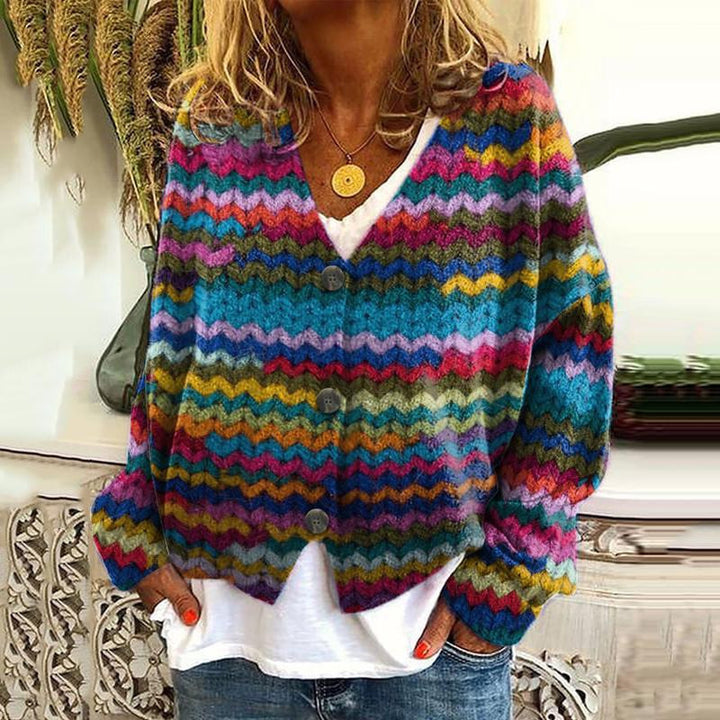 Cardigan tricoté décontracté pour femmes avec des rayures colorées et des détails de boutons Chic & Stil