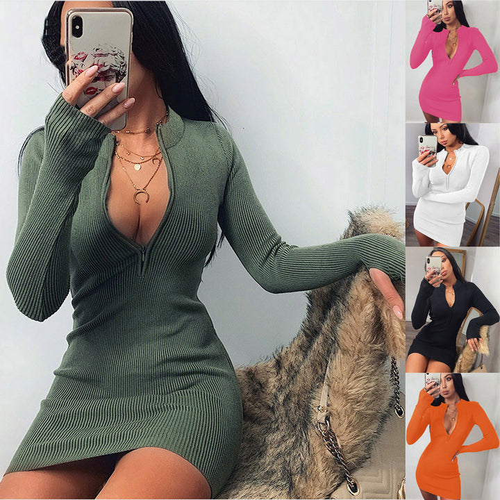 Knit dress for women with deep V neckline and long sleeves Lune London