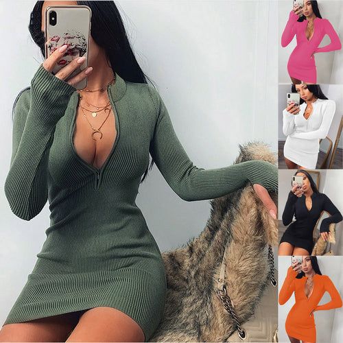 Knit dress for women with deep V neckline and long sleeves Lune London