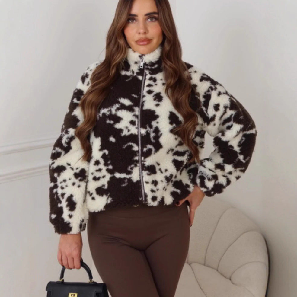 Dames Cozy Fleece Veste avec col haut et imprimé Dalmate tendance Chic & Stil