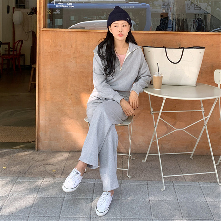 Women's sporty two-piece set with casual collar and wide pants