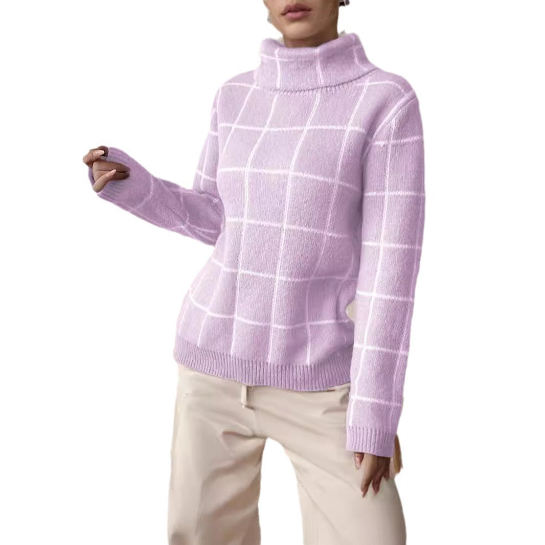 Pull décontracté pour femmes en tricot épais avec motif à carreaux moderne et col haut Chic & Stil