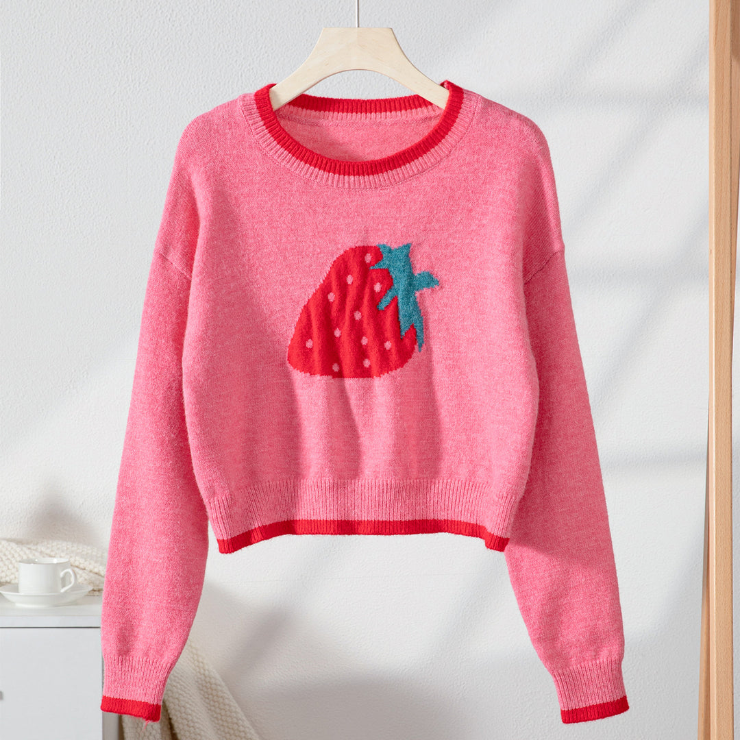 Trendy sweater for women with strawberry pattern and contrasting cuffs Lune London