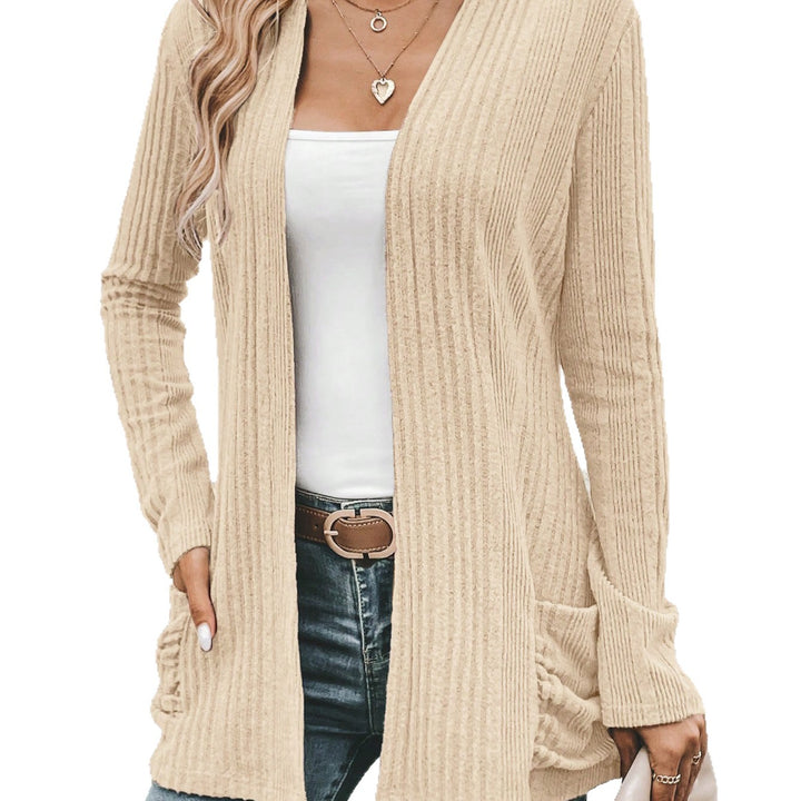 Long women's cardigan with a fine rib structure and practical pockets Lune London