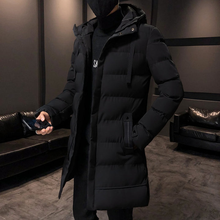 Long insulated bomber jacket for men with hood Lune London