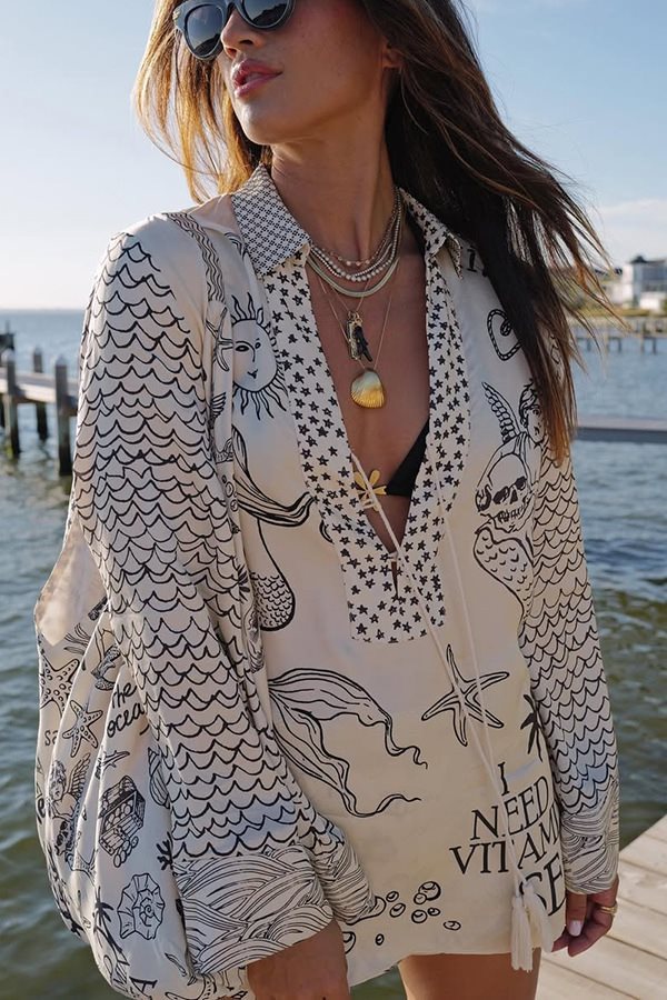 Casual beach blouse for women with an artistic nautical print and an elegant V neckline Lune London