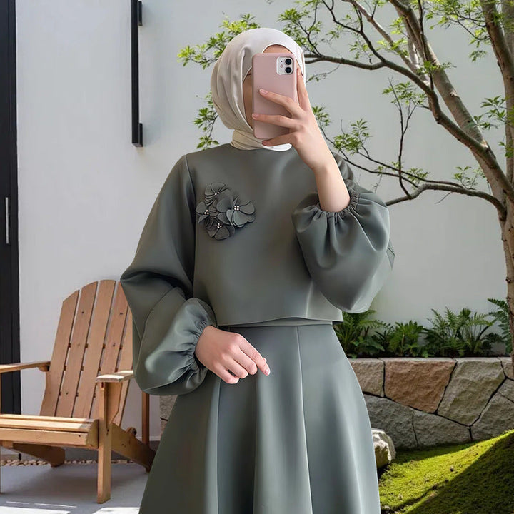 Ladies Elegant Maxi Dress with Puff Sleeves and Decorative Flower Detail Lune London