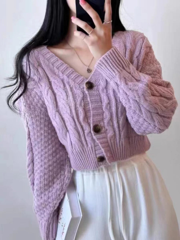 Short knit jacket for women with cable pattern and classic buttons Lune London