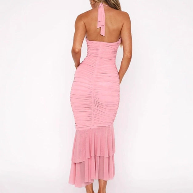Women Elegant Fitted Maxi Dress with Ruffle Hem Lune London
