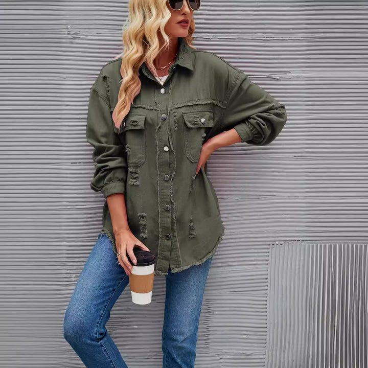 Oversized denim jacket for women with modern distressed details Lune London