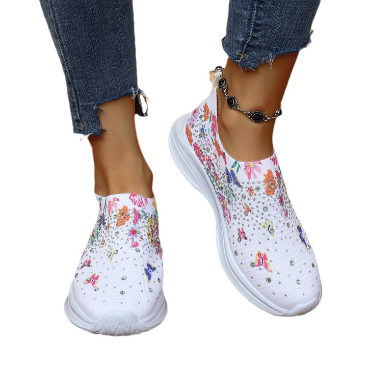 Women's Comfortable Slip-On Sneakers with Fashionable Floral Embroidery and Chic Rhinestone Details