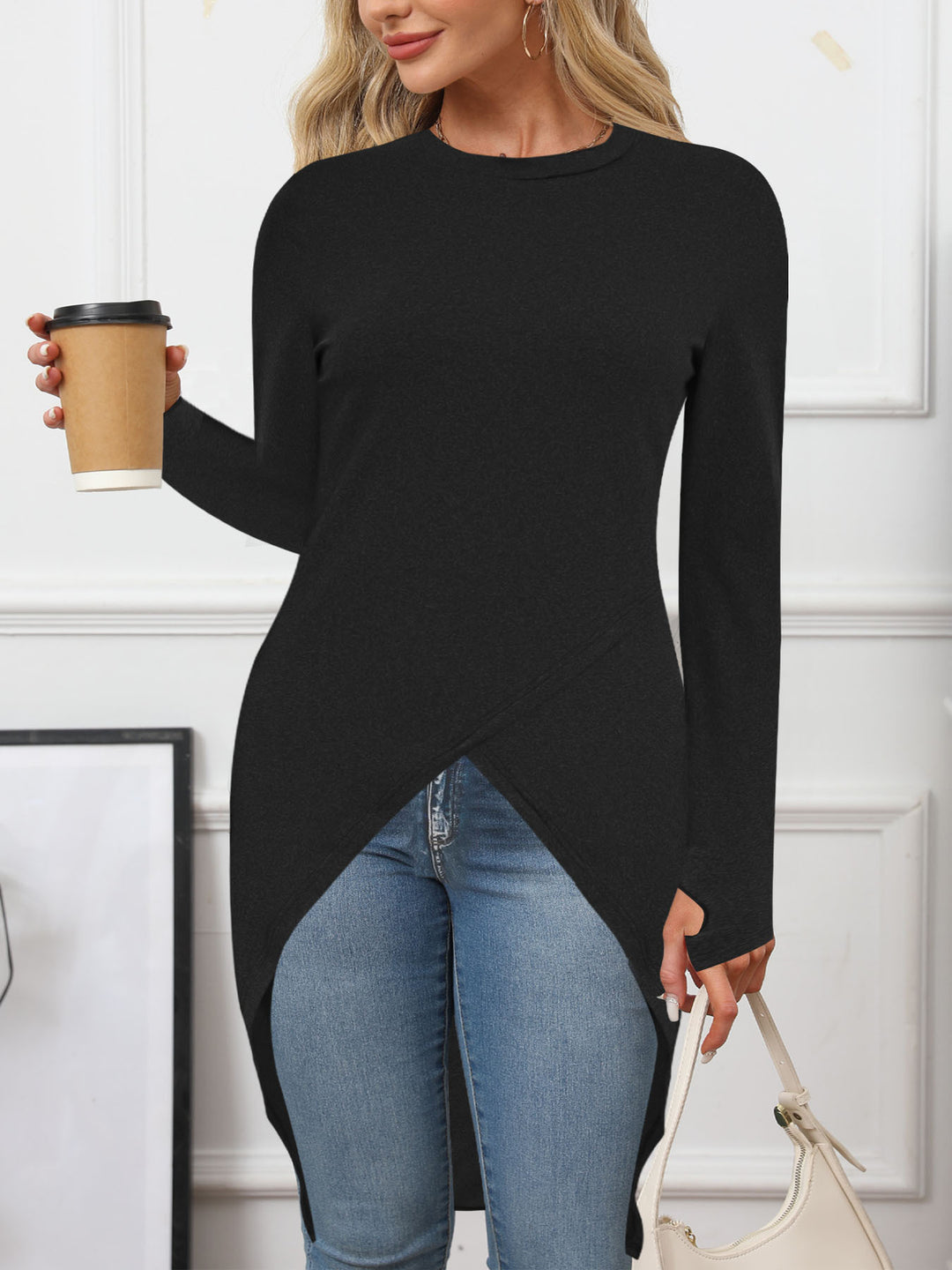 Ladies asymmetrical long sleeve top with elegant wrapped design Lune London