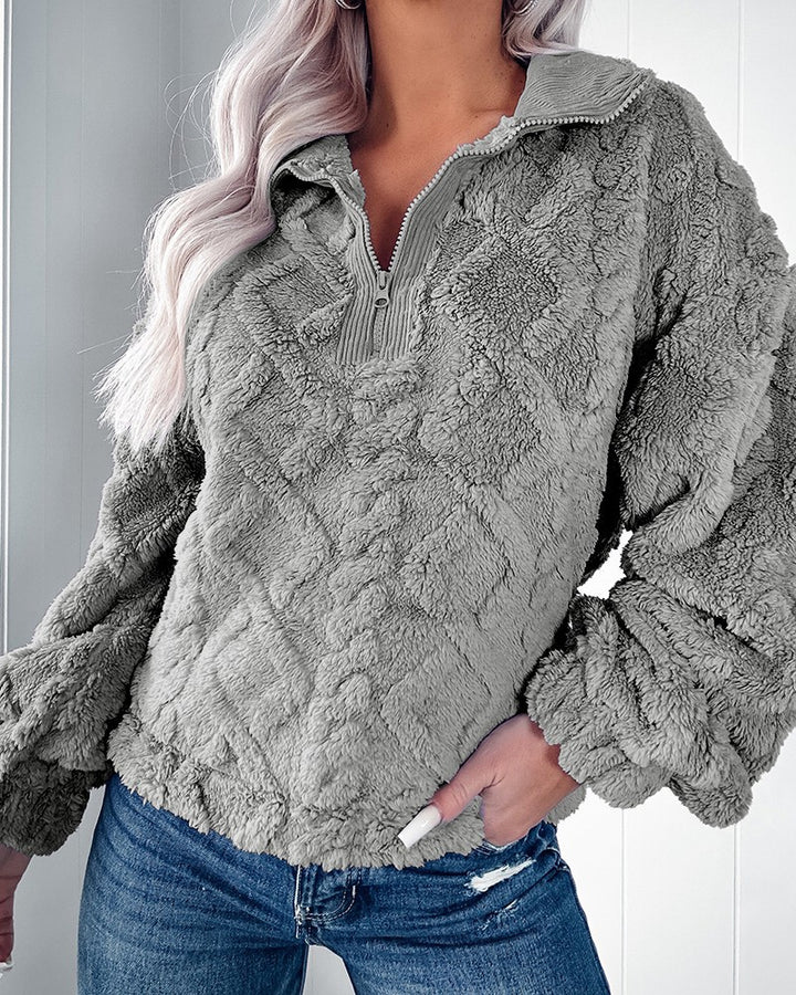 Cozy fleece sweater for women with half-zip and puff sleeves Lune London