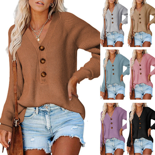 Women's cashmere sweater with V-neck and large wooden buttons Lune London