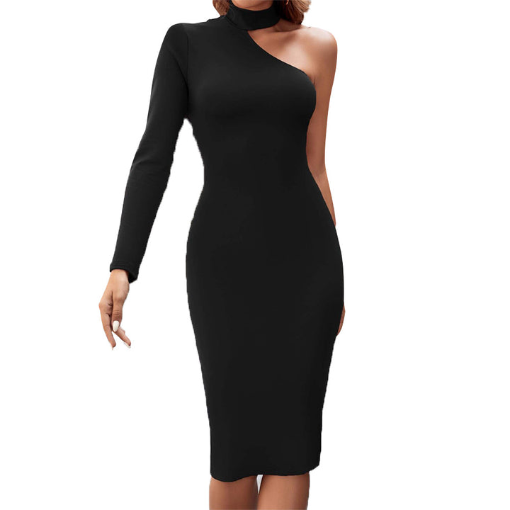 Robe midi asymétrique ajustée pour femmes avec des manches longues et un col montant stylé Chic & Stil