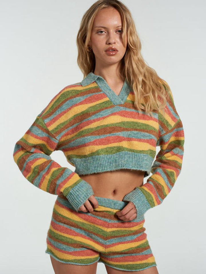 Cropped sweater for women with V-neck and colorful striped pattern Lune London