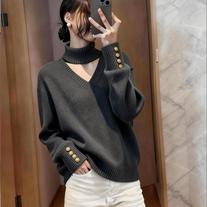 Pull en cachemire de luxe pour femmes avec col roulé et détails de boutons Chic & Stil