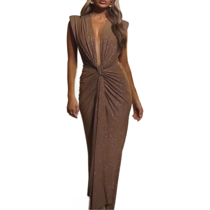 Ladies Glamorous Evening Dress with Deep V-Neck and Shimmering Drapes