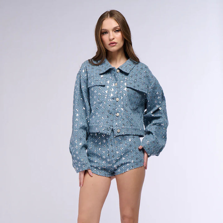 Cropped denim jacket for women with sparkling star pattern and matching shorts Lune London