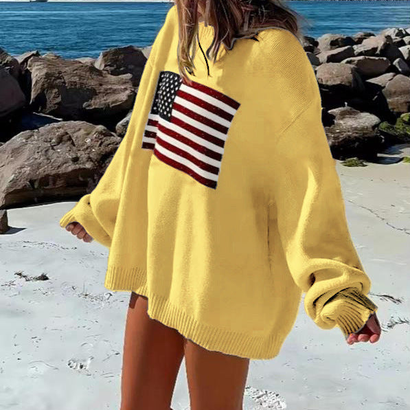Casual plush sweater for ladies with a large American flag pattern Lune London