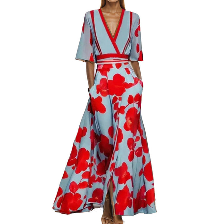 Chic und Stil | Elegant V-Neck Printed Waist Dress with Peplum