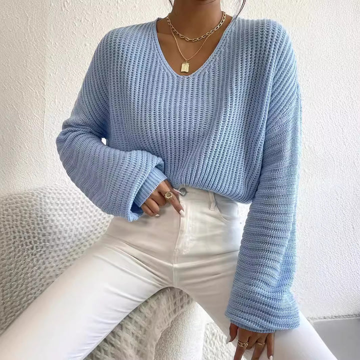 Casual knit sweater for women with a wide V-neck and oversized sleeves Lune London