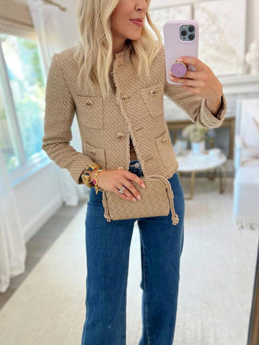 Elegant tweed jacket for women with fringes and decorative buttons Lune London