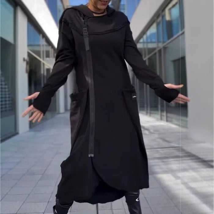 Modern women's hooded coat with side pockets and asymmetrical hem Lune London