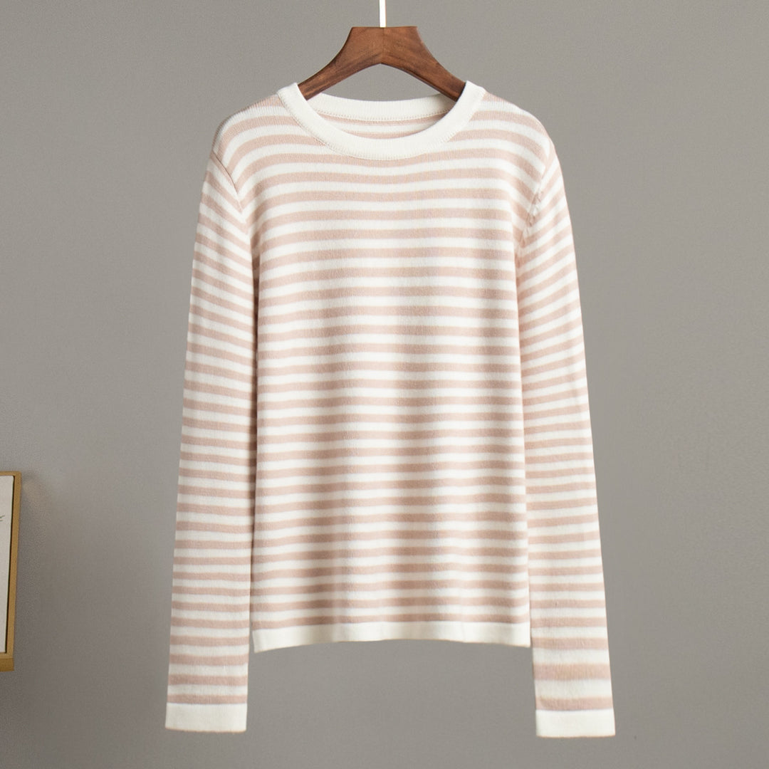 Pull long à manches longues portable pour femmes en mélange de coton doux avec motif rayé Chic & Stil