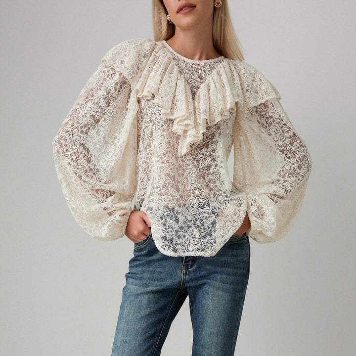 Blouse for women with voluminous ruffles and lace pattern Lune London