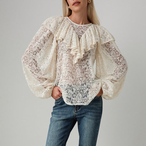 Blouse for women with voluminous ruffles and lace pattern Lune London