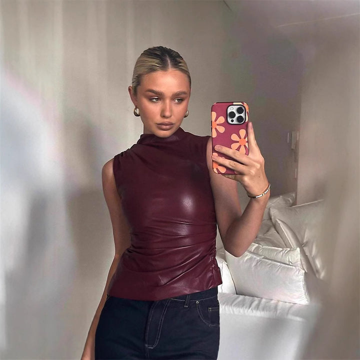 Ladies Elegant Top in high-quality faux leather with asymmetrical cut Lune London
