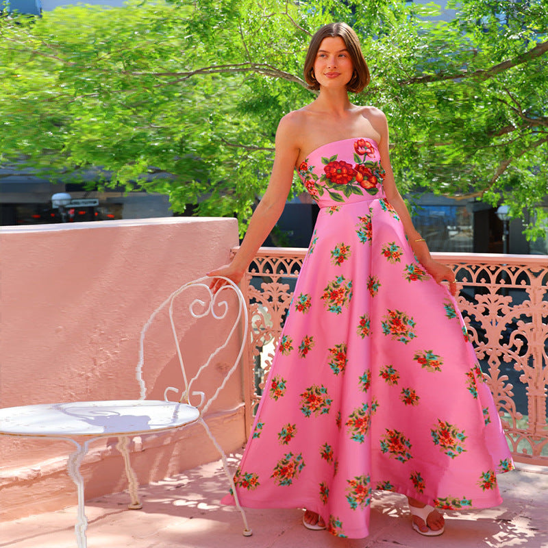 Chic & Stil Women's Strapless Maxi Dress with Floral Print