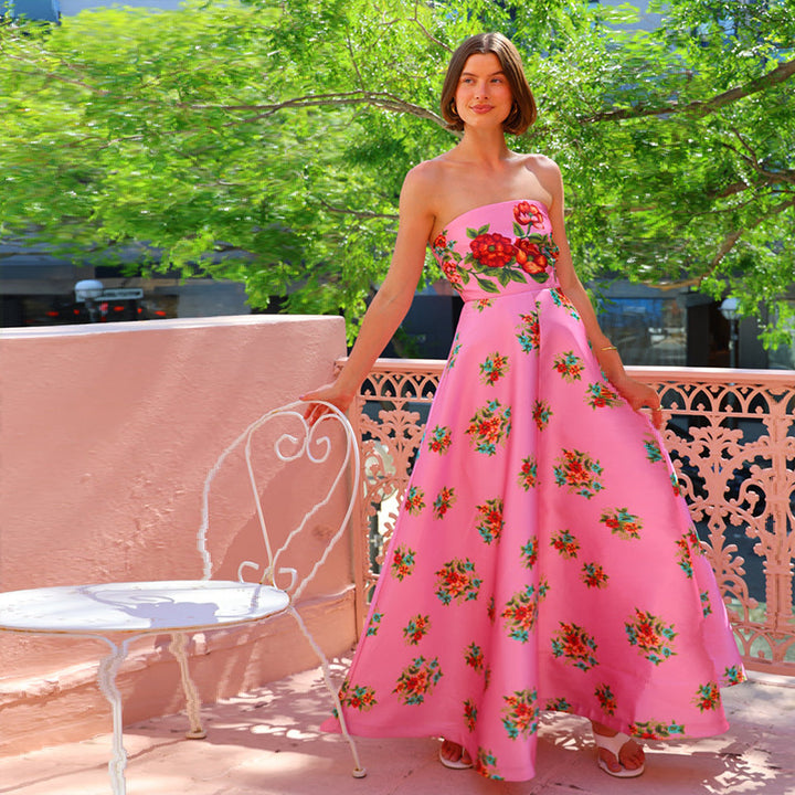 Chic & Stil Women's Strapless Maxi Dress with Floral Print