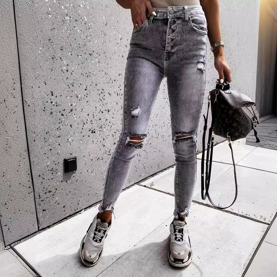 Women's Skinny Jeans with High Pockets and Trendy Distressed Details Lune London