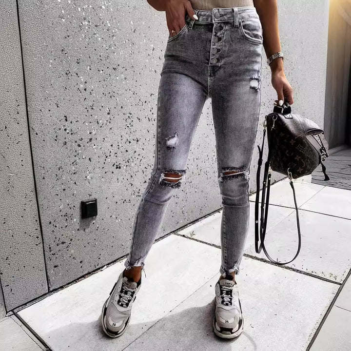 Women's Skinny Jeans with High Pockets and Trendy Distressed Details Lune London