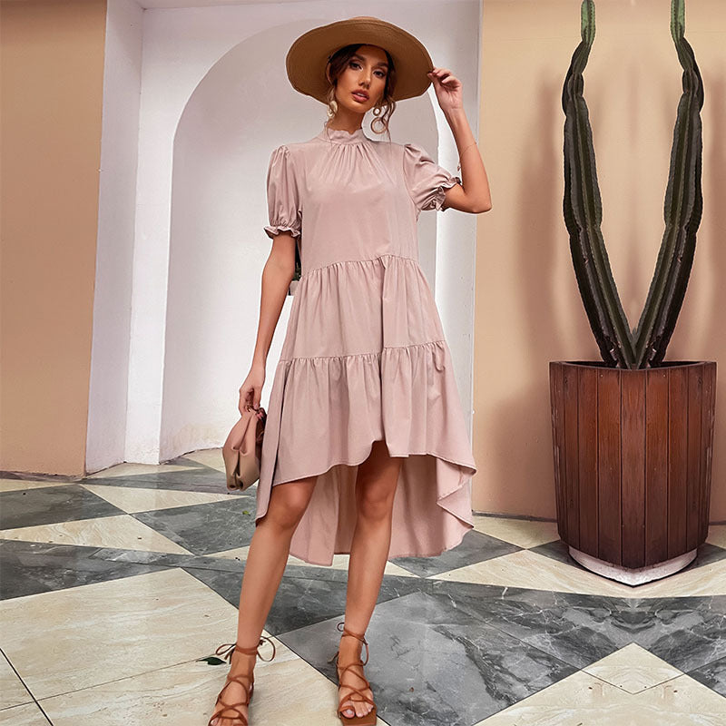 Asymmetrical fluid ruffle dress for women with puff sleeves Lune London
