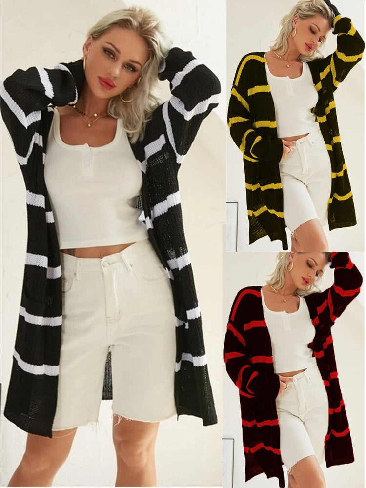 Casual knit cardigan for women with striped design and open front Lune London