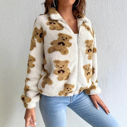 Fleece jacket for women with bear pattern and high collar Lune London