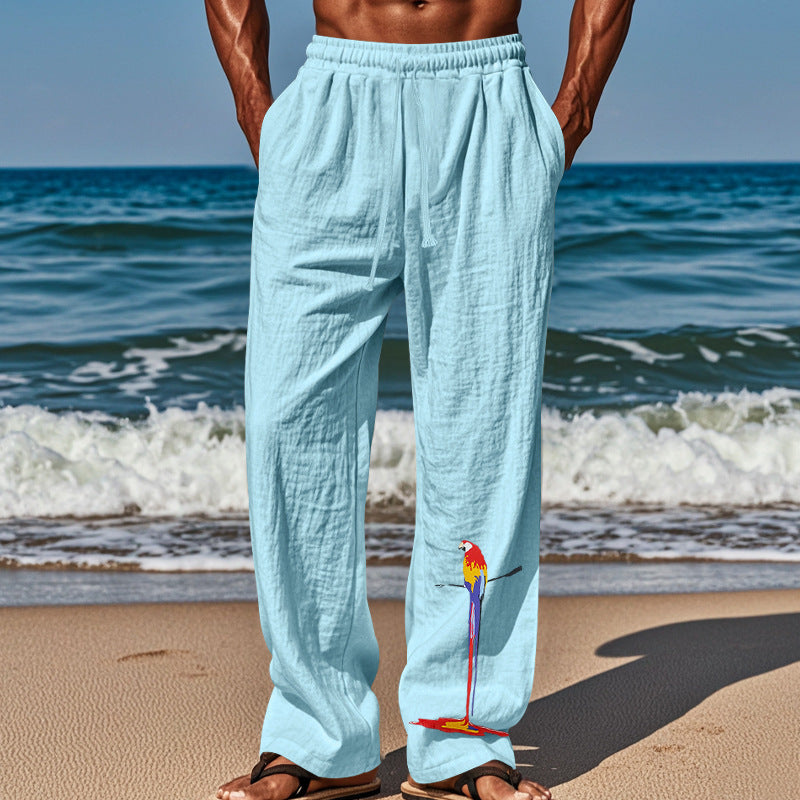 Casual beach pants for men with elastic waistband and colorful bird pattern Lune London