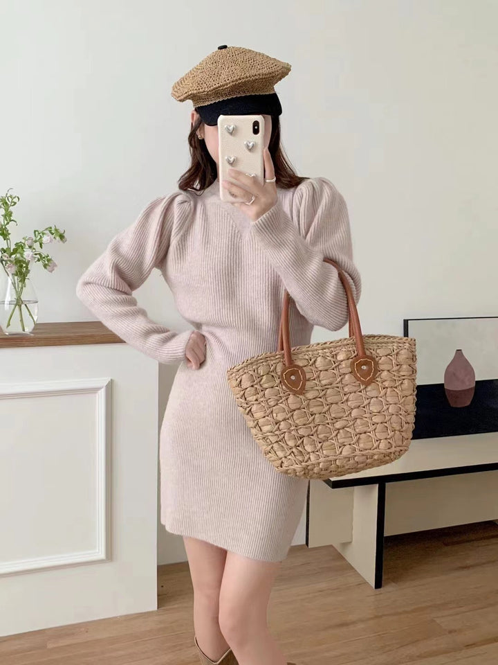 Elegant knitted dress for women with a fitted silhouette and puff sleeves Lune London