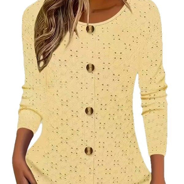 Long sleeve blouse for women with decorative button details and delicate lace pattern Lune London