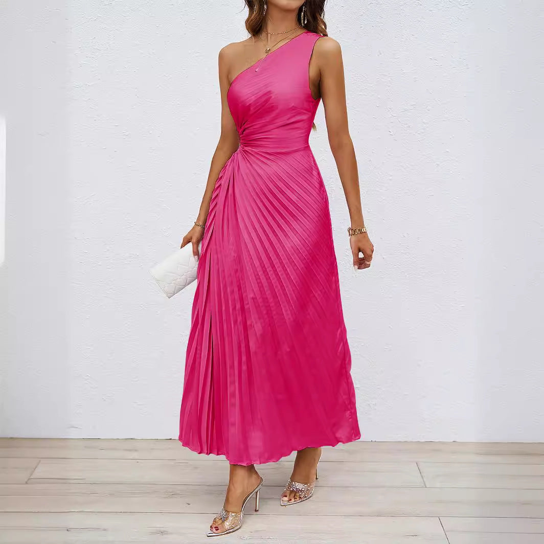 Maxi pleated dress for women with asymmetric strap and elegant cut Chic & Stil