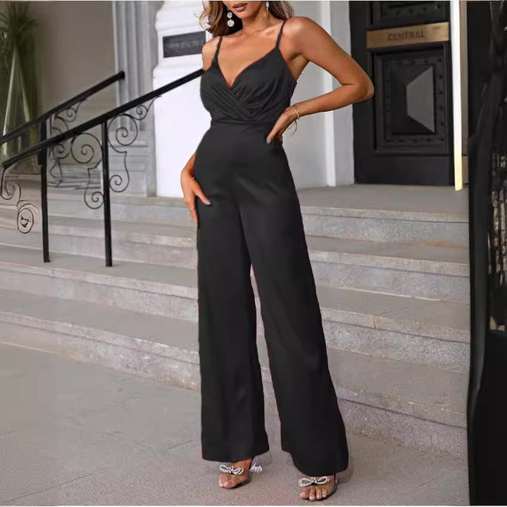 Ladies elegant jumpsuit with fitted draping and thin straps Lune London