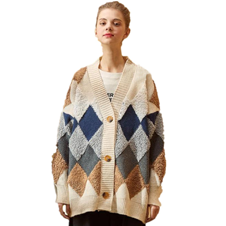 Thick knit jacket for women with a modern diamond pattern and large wooden buttons Lune London