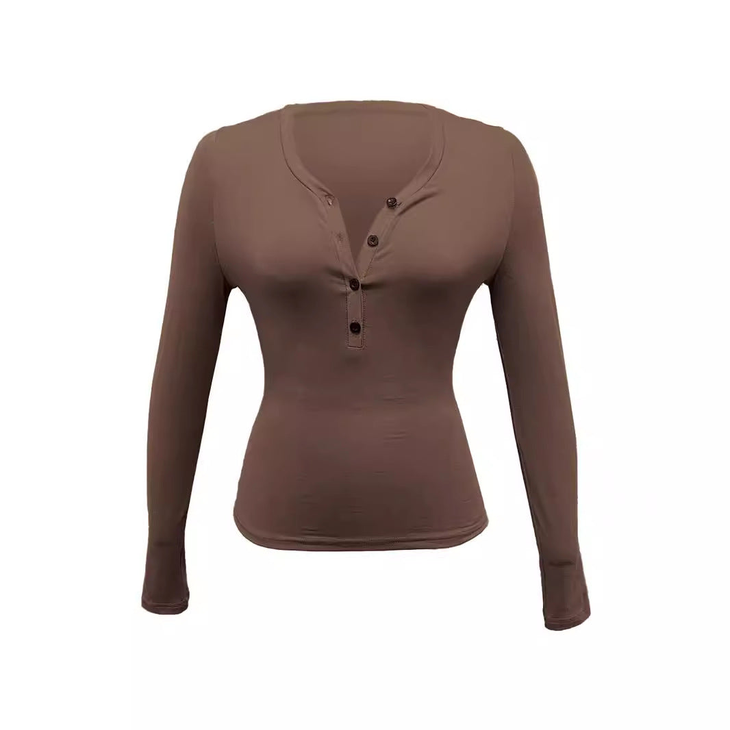 Long sleeve women's t-shirt with V-neckline and button details Lune London